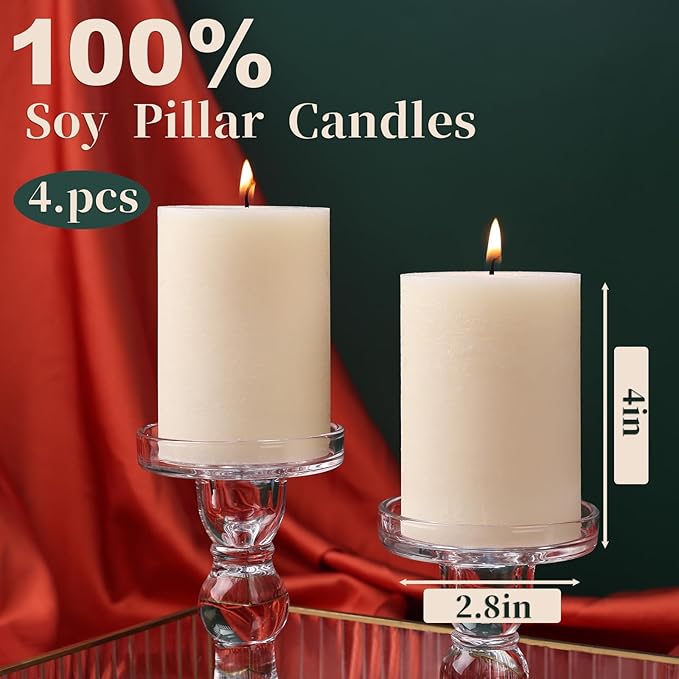4 Pack Soy White Pillar Candles,Natural Soybean Pillar Candles,55 H Long Lasting Burning-Unscented,Dripless and Smokeless Rustic White Hand-Poured Candles Dinner Table,for Wedding,Home Decor 2.8x4in
