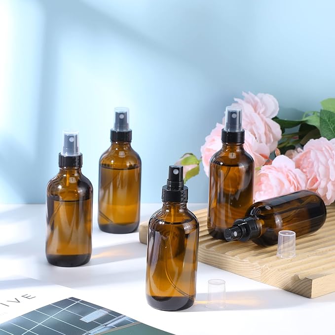 Fumete 36 Pcs Glass Spray Bottles 4oz Fine Mist Glass Spray Bottle Refillable Liquid Containers with 6 Labels 6 Funnel for Hair Travel Plants Cleaning Solutions Skin Care(Amber,Classic)