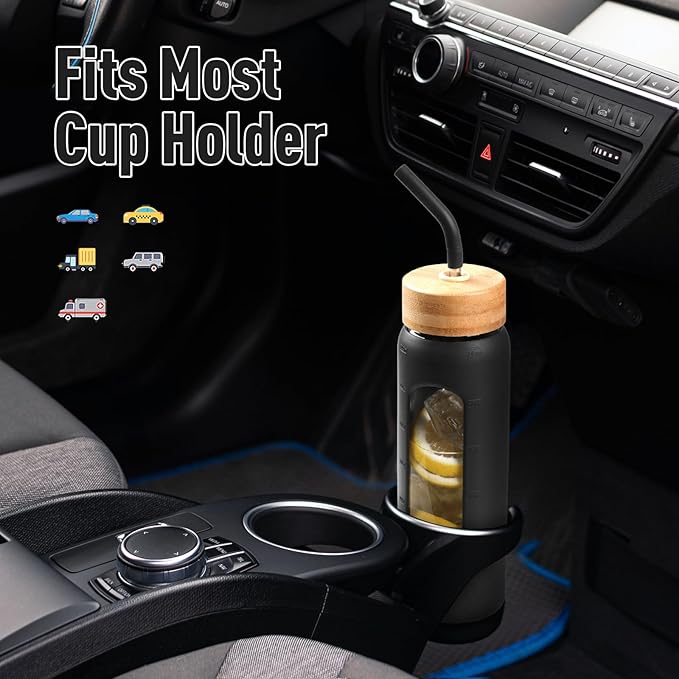 24oz Glass Water Bottle with Straw and 2 Lids-Bamboo and Spout Lid, Borosilicate Glass Water Bottle with Silicone Sleeve and Time Marker,BPA Free & Cupholder Friendly,Black