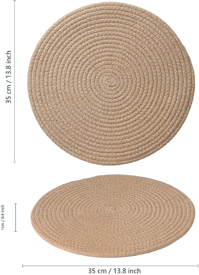 6 Pack Round Woven Placemats,13.8 inch Plate Chargers Brown Jute Thick Place Mats Cotton Jute Rope Braided Tablemats Rattan Tablemats Weave Placemats for Dining Table