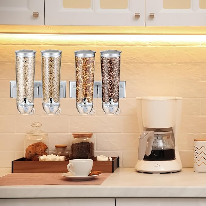 Huwena 4 Sets Cereal Containers Storage,3L Each Set Wall Mounted Cereal Dispenser Dry Food Dispenser Grain Storage Dispenser for Candy Oatmeal Coffee Bean Nuts Food Container (Silver)