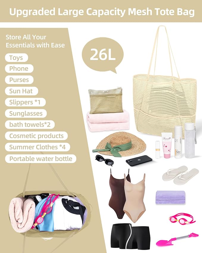 Mesh Beach Tote Bag Packable,2025 New 2-in-1 Large Lightweight Foldable Beach Bags with Multiple Pockets for Women