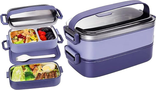Stainless Steel Bento Box for Adults&Kids,Japanese Leakproof Lunch Box Divided Food Meal Storage Containers Set Stackable 2 Layer for Children School Picnic Blue