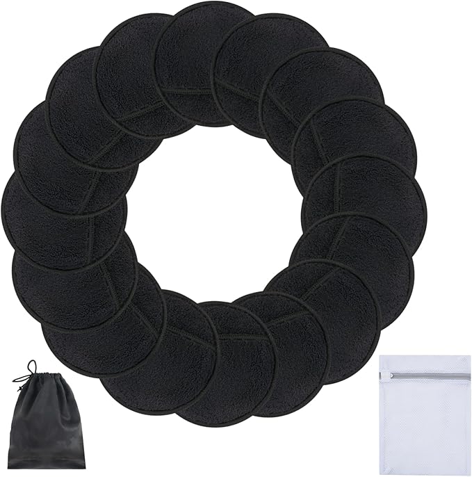 SUNLAND Reusable Makeup Remover Pads for Face,Eyes,Lips 16 Pack Microfiber Face Cleansing Gloves Washable with Laundry Bag and Travel Bag Rounds Toner Pads (Round 3.15inchx16, Black)
