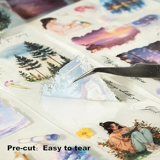 Moonlit PET Tape Set, 6Rolls Pre-Cut Night Scenery Stickers for Scrapbooking & Journaling, Includes Clip, Large Size, Ideal for Collage, DIY Crafts