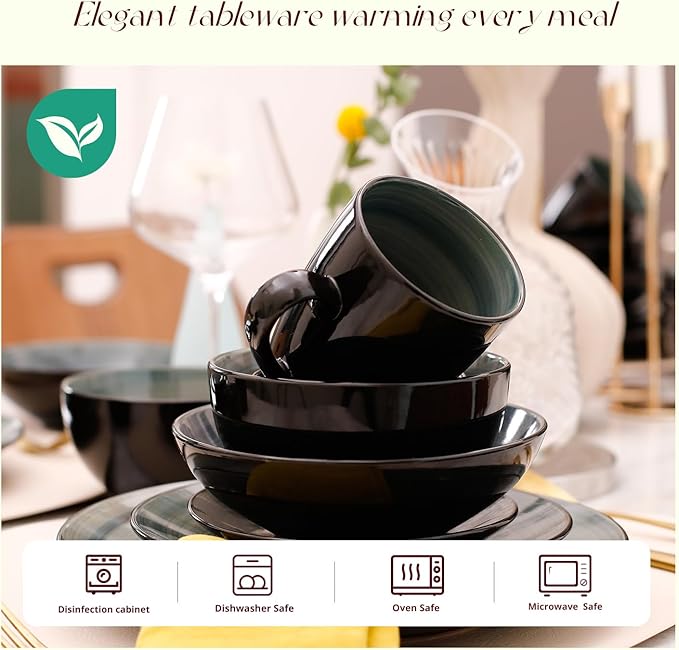 Sonoma 16 Piece Stoneware Dinner Set, Outside Black + inside Handpainted Color Blue