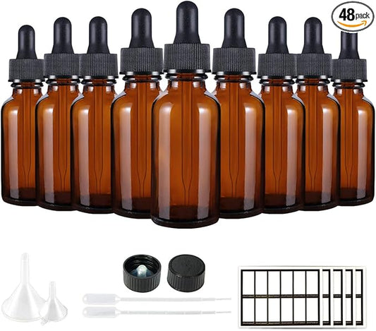 Eternal Moment 1 oz Eye Dropper Bottle(48 Pack), 30ml Amber Glass Bottles with Glass Eye Dropper for Essential Oils, Chemistry Lab Chemicals, Colognes & Perfumes