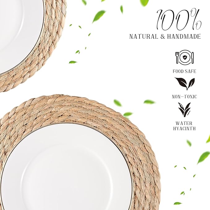 Round Woven Placemats Set of 4, Natural Water Hyacinth Place mats, 12 inch Rattan Placemats Wicker Placemats Farmhouse Boho Braided Heat Resistant Outdoor Placemat Patio Table Place Mats