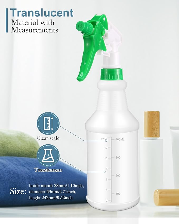 Eccliy 20 Pack 16oz Empty Spray Bottles, Leakproof Cleaning Bottles with Measurement and Adjustable Nozzle for Housekeeping, Commercial Use(Cylinder,Green Spray Head)