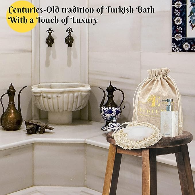 Natural Handwoven Sisal Loofah Body Scrubber - Organic Shower Sponge Made from Premium Agave Fibers - Arabic-Turkish Style with Bar Soap Pouch - Natural Body Scrubber for Men & Women (3-Pack)