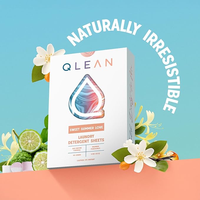 QLEAN Laundry Detergent Sheets – Travel-Friendly, HE & Standard Washer Safe, Liquidless Laundry Soaps, Quick-Dissolving Formula, Skin-Friendly (120 Loads, Sweet Summer Love)