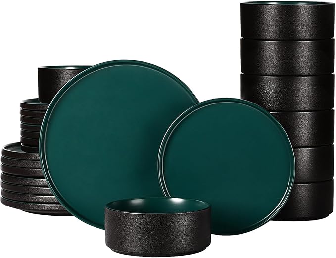 GZG Classic Series - Plates and Bowls Set for 8, 24 Piece Stoneware Dinnerware Sets, Microwave and Dishwasher Safe Lead-Free Handcrafted Ceramic Dishes Set - Malachite Green