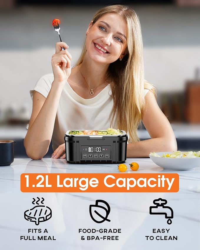 Cordless Electric Lunch Box for Adults – Battery-Powered Heated Lunch Box with 1.2L Stainless Steel Container, Timer Function, and Leak-Proof Food Warmer for Work, Travel & Office