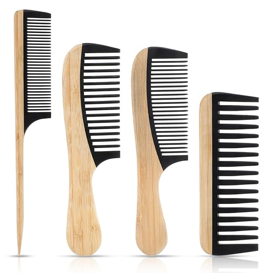 4 Pcs Natural Handmade Bamboo Hair Combs Set, Wide Tooth Fine Tooth Rat Tail Wooden Combs for Women Men Anti-Static for All Hairstyles and Beard