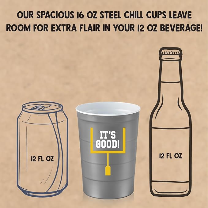 16 oz. Party Cup Football 'It's Good' Goal Post Design for Cold Drinks, Durable, Disposable, Recyclable, Made in USA, Gray 12 Count