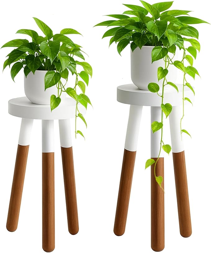 12" Reverse Dipped Wood Plant Stand, Wood Accent Stool,Side Table Set Bath Stool (20"+24" Tall)