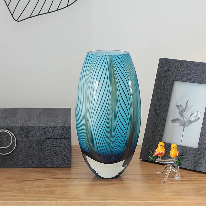 Ca D Oro Murano Style Glass Vase Blue Feather Pattern Hand Blown Art Glass for Flower, Room Decoration and Centerpiece - Model 54 MS