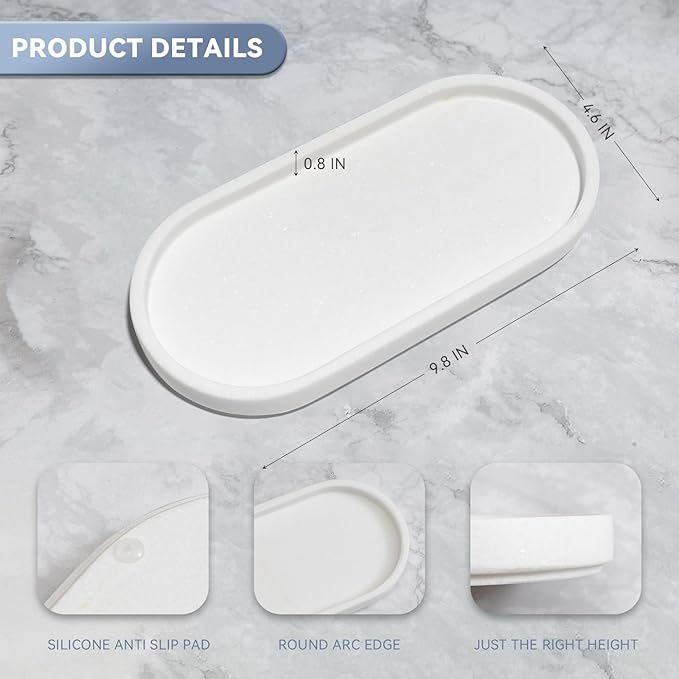 Elegant Ivory White Natural Marble Oval Tray 10x4.7 Inches for Bathroom Countertop, Vanity Jewelry & Perfume Organizer, Aesthetic Home Decor Accent