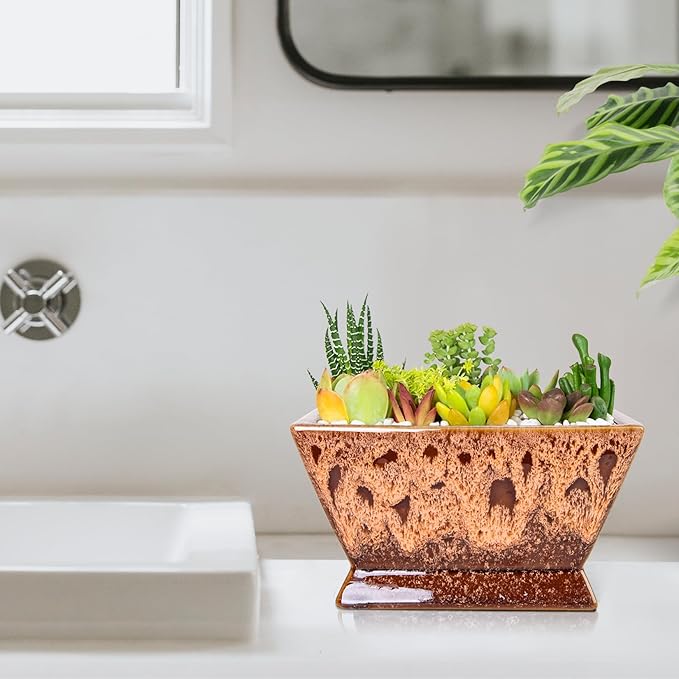 ARTKETTY Succulent Pots - 7 Inch Large Plant Pot with Drainage, Shallow Ceramic Bonsai Pots Succulent Planters for Indoor Outdoor Plants, Modern Cactus Planter Decorative Home Office