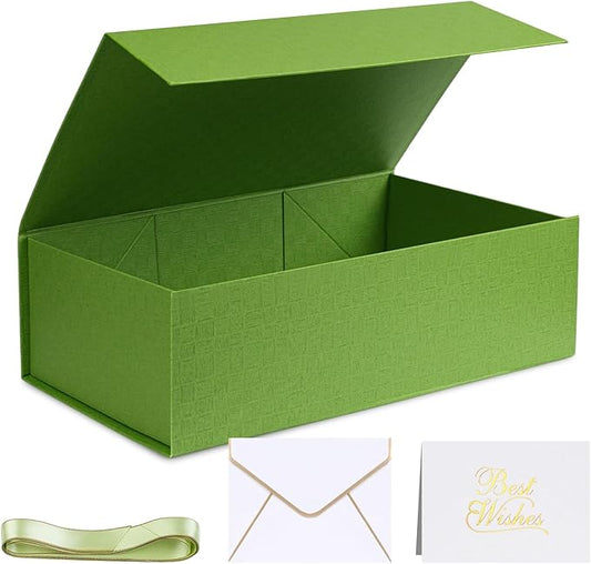 VGOODALL Green Gift Box with Lid 14x8.7x4.3inches Magnetic Gift Box with Ribbon Greeting Card for Wrapping Bridesmaid Proposal Party Favors