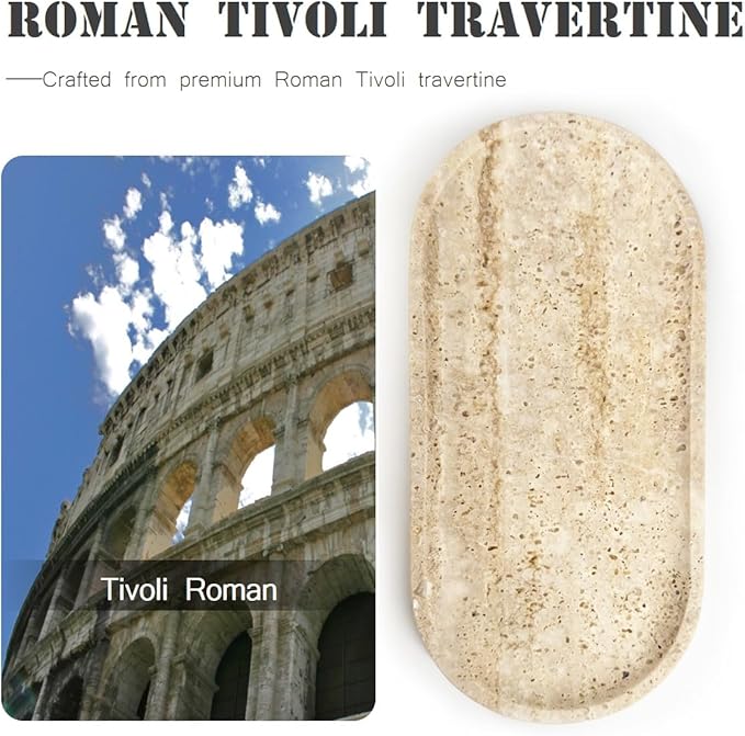 100% Natural Travertine Stone Tray for Perfume, Jewelry, Candle & Trinket Holder – Light Beige Stone Vanity Organizer for Bathroom, Coffee Table, or Living Room, 10"x5", Non-Resin/Ceramic