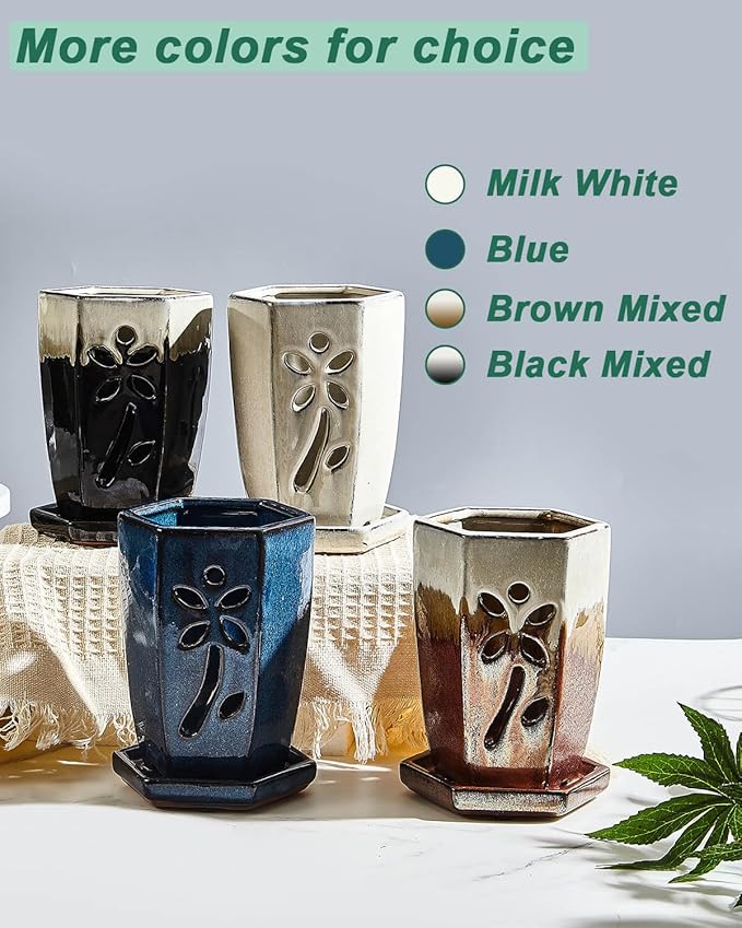 vensovo 4 Inch Ceramic Orchid Pots with Holes and Saucers - 1 Pcs Small Hexagon Succulent Pot for Repotting, Garden Flowerpots for Plants Indoor and Outdoor Promotes Air Circulation, (Blue)