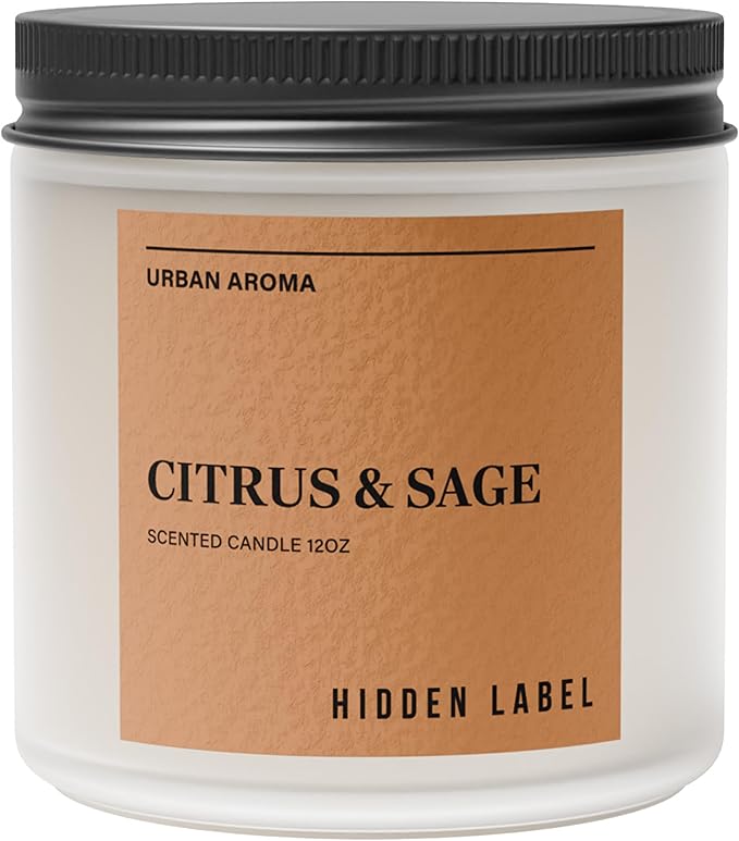 Hidden Label Citrus Sage Scented Candle, 12oz 2 Wick Natural Soy Non Toxic Candles, Clean Burning Long Lasting Aromatherapy for Home | Gifts | Décor,Premium Scents for Relaxation & Stress Relief