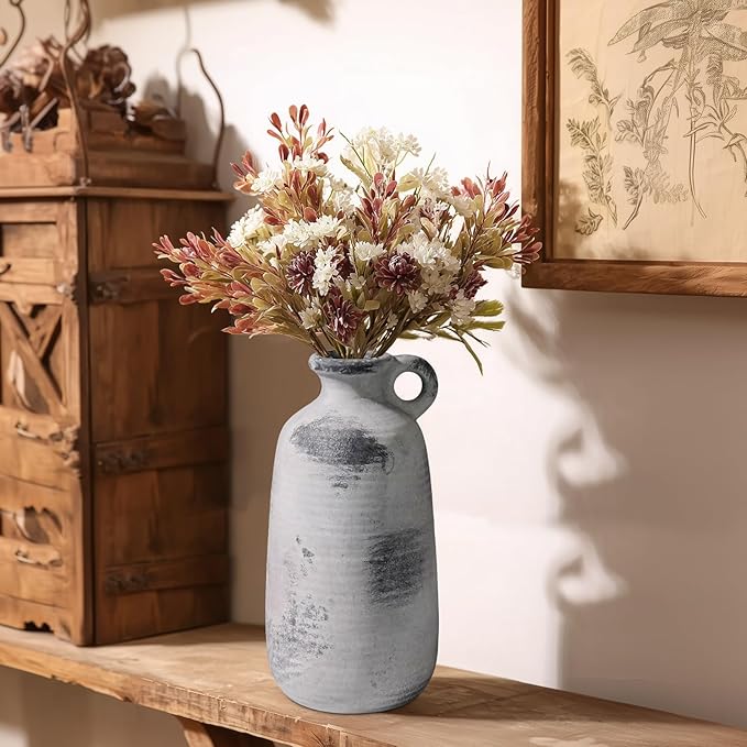 Sunddo Rustic Farmhouse Vase with Handle, Ceramic Vase,10 inch Tall Minimalist Decorative Vases for Home Decor, Table Living Room Bookshelf Entryway Kitchen Bedroom Decor, Grey