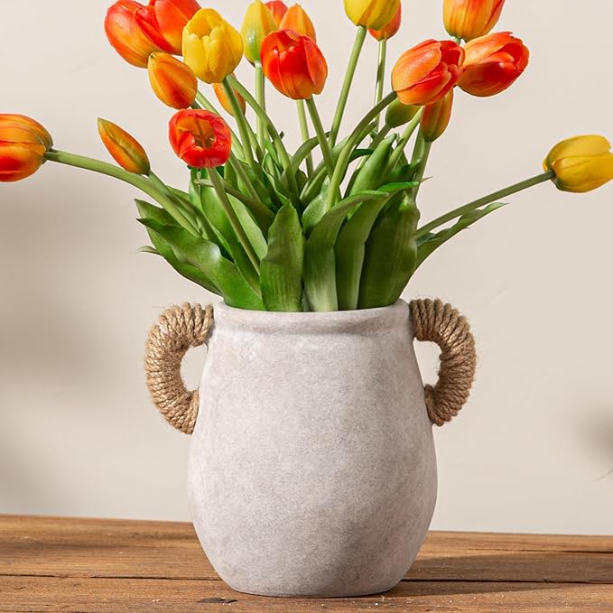 Ceramic Flower Vase Home Decor - 7.1 Inch White Rustic Table Flowers Vases Living Room Bedroom Plant Decoration Modern Farmhouse Vintage for Kitchen Shelf Office Coffee Dining Desk House Women