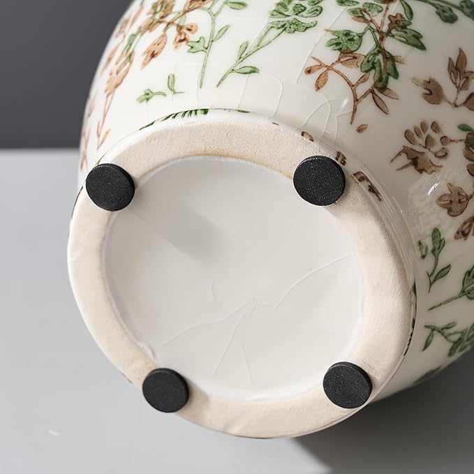 SIDUCAL Ceramic Vase with Handle, Vintage Vase, Chinoiserie Floral Vase for Home Decor, Table, Living Room, Shelf, Christmas Decoration (Green and Beige)