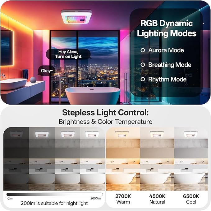 Smart Bathroom Exhaust Fan with Bluetooth Speaker, 230 CFM 1.0 Sone Exhaust Fan with Humidity & Odor Sensor, Remote/App/Voice Control, Adjustable LED Lighting & Dynamic RGB Mood Light (Pink)