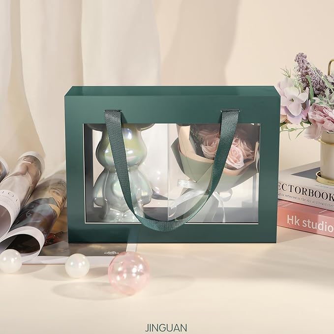 Green Gift Box with Window, Gift Box with Lid and Handle, Clear Magnetic Gift Box for Present, Bridesmaid Proposal Box (10.5x7.5x3 Inches