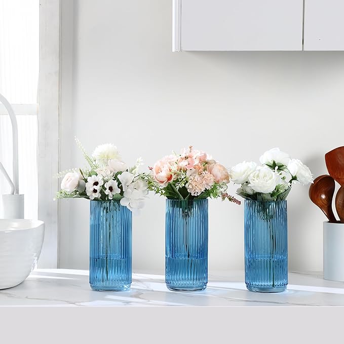 Blue Glass Vases, Flower Vases Set of 3, Ribbed Glass Vase for Tulips, Tall Cylinder Glass Vases for Living Room, Bedroom, Dining Table, Office, Wedding, Bookshelf Decoration, 8 Inches