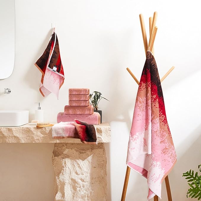 SEMAXE 18-Pack Bath Towel Set Include 6 Bath Towels, 6 Hand Towels, 6 Wash Cloths, 100% Cotton Bathroom Towels with Hanging Loops and Nano-Bio Lifecycle Labels, Colorful Towel - Sunset Collection