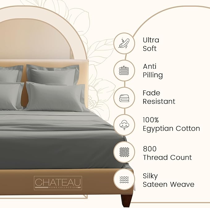 Egyptian Cotton Sheets Queen Size Bed Set Deep Pockets, 800 TC Cotton Queen Sheet Set, Soft Breathable Sateen Weave Elasticated Sheet & Pillowcase Sets, No Pill & Shrink, Machine washable- Silver