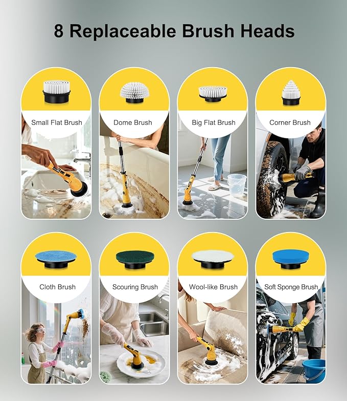 Electric Spin Scrubber with 8 Replaceable Brush Heads 6 Adjustable Angle Waterproof LED Display Cordless Cleaning Brush Supplies Bathroom Cleaner Set Long Handle Power Scrubber for Shower Floor Tub
