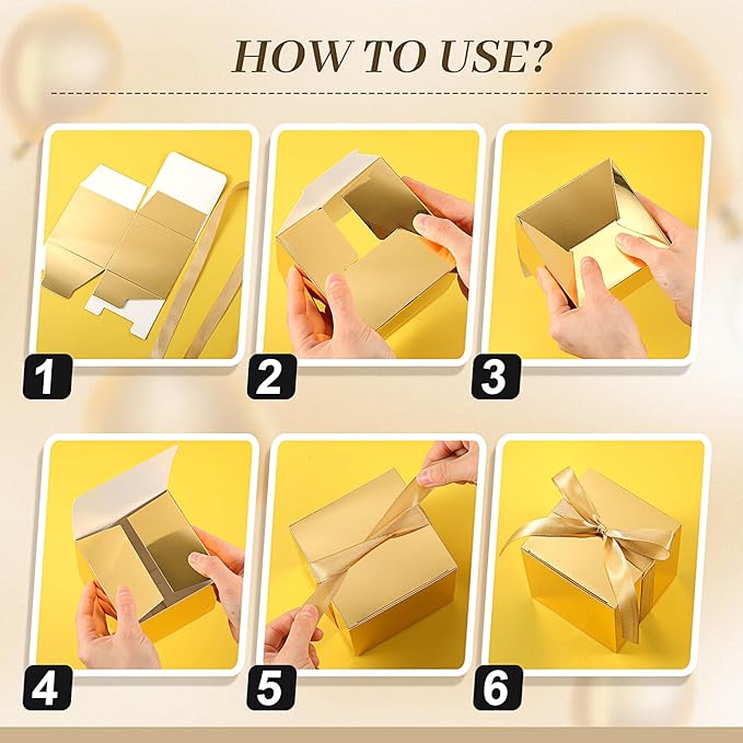 48 Pcs Christmas Gift Boxes with Ribbon Small Party Favor Boxes with Lids Mini Treat Candy Container for Wedding, Party, Birthday, Valentine's Day and More(Gold,2 Inch)