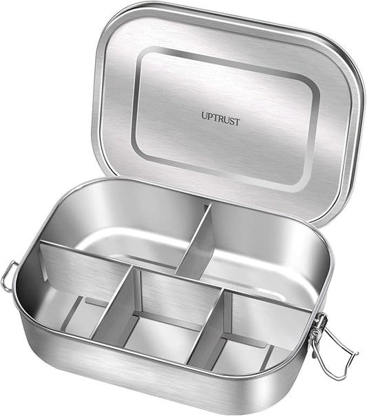 UPTRUST Stainless Steel Bento Lunch Food Box Container, 5-Compartment Large 1400ML Metal Bento Lunch Box Container for Kids or Adults with Lockable Clips to Leak Proof
