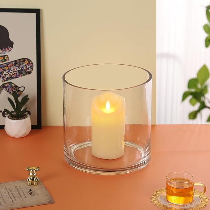 8" Wide 8" Tall Large Hand Blown Sturdy Clear Cylinder Glass Vase, Centerpiece Flower Vase for Rose, Tulip, Boquets, Hurricane Candle Holder (1, 8"x8")