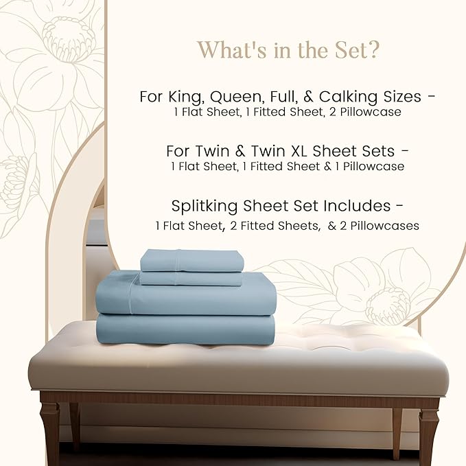 100% Egyptian Cotton Sheets Queen Size Set, 800 TC Deep Pocket Queen Sheets Set, Soft Breathable Sateen Weave 4 PC Elasticated Sheet & Pillowcase Sets, No Pill & Shrink, Fade Resistant- French Blue