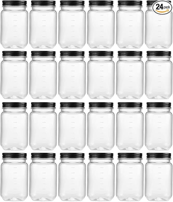 novelinks 16 oz Clear Plastic Jars with Screw-On Lids - BPA-Free Refillable Storage Containers for Slime, Food, Crafts, Kitchen & Household Use (24 Pack,Black)