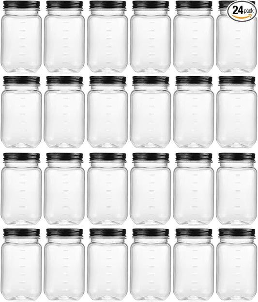novelinks 16 oz Clear Plastic Jars with Screw-On Lids - BPA-Free Refillable Storage Containers for Slime, Food, Crafts, Kitchen & Household Use (24 Pack,Black)