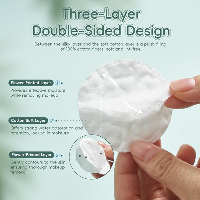 GWT Premium Cotton Rounds for Face, 100% Pure & Lint-Free Cotton Pads, Soft & Absorbent Makeup Remover, Hypoallergenic, Multi-Layer Design, 100 Count (Pack of 1)