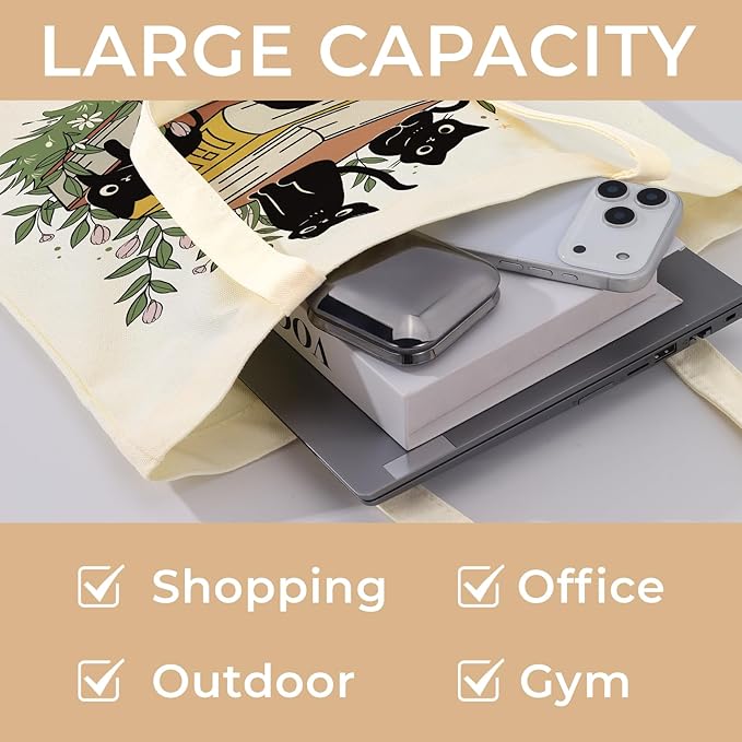 Cute Aesthetic Canvas Tote Bag for Women, Reusable Foldable Shopping Cotton Shoulder Totebag with Zipper Pocket