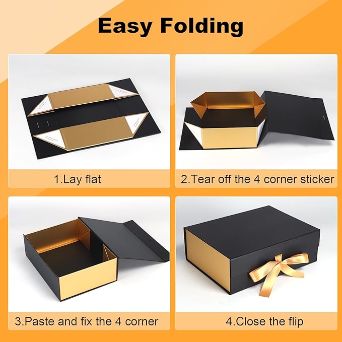 4 Pack 12x9x4 Inches Gift Boxes with Magnetic Closure Lids, Black-Gold Magnetic Box with Ribbon for Wedding, Groomsmen Bridesmaid Proposal, Birthdays, Mother's Day