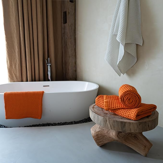 Luxury Japanese Cotton Waffle Bath Towel | Plush, Absorbent, and Quick Dry | Free Storage Bag Included (Shell White, Bath Towel (55" x 34"))