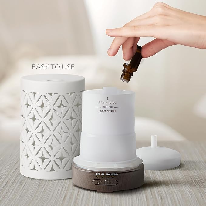 Earnest Living Essential Oil Diffuser for Home White Ceramic 100ml Aromatherapy Diffuser with 4 Timers 7 Night Lights and Auto Off Function (no Beep!) for Essential Oils Version 2