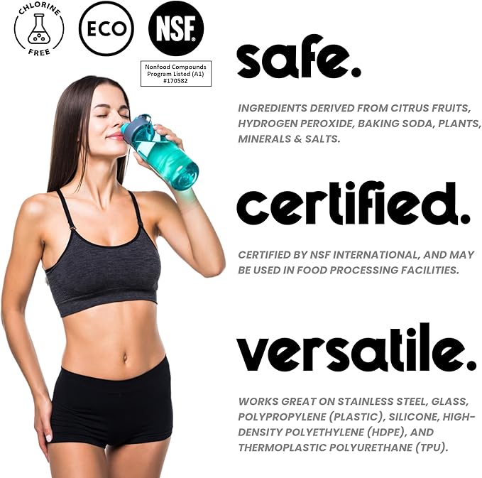 30 Cleaning Tablets – NSF Certified Safe, Eco-Friendly, Clean Stainless Steel, Tumbler, Insulated, Plastic and Reusable Water Bottles, Protein Shaker – Remove Odors and Stains, No Scrubbing
