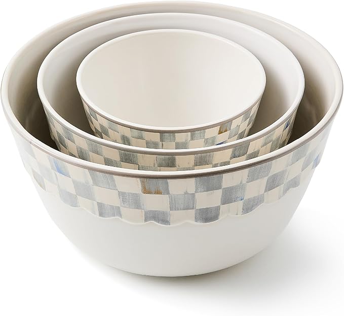 MACKENZIE-CHILDS Set of 3 Everyday Mixing Bowls, Small, Medium, and Large Stoneware Bowls for Kitchen Use, Gray-and-White Sterling Check