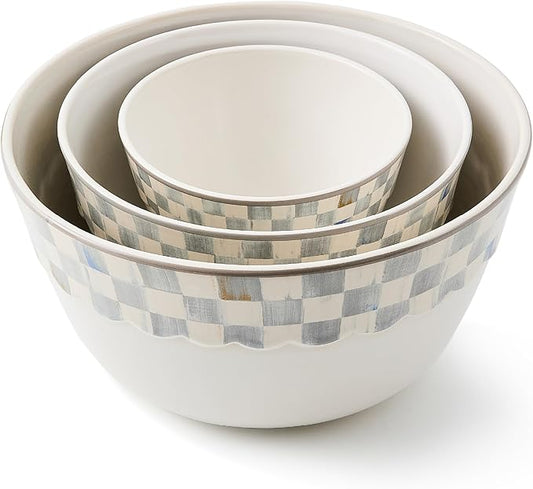 MACKENZIE-CHILDS Set of 3 Everyday Mixing Bowls, Small, Medium, and Large Stoneware Bowls for Kitchen Use, Gray-and-White Sterling Check